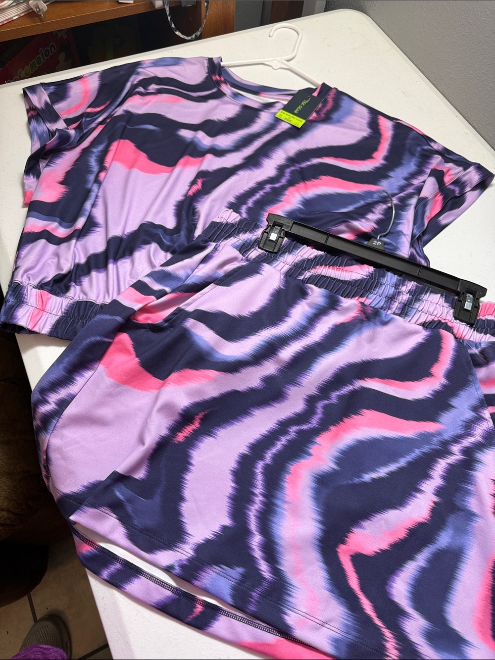 Women’s Tie-Dye Wave Set - Purple & Pink.  Shirt is a large.  Shorts are medium.